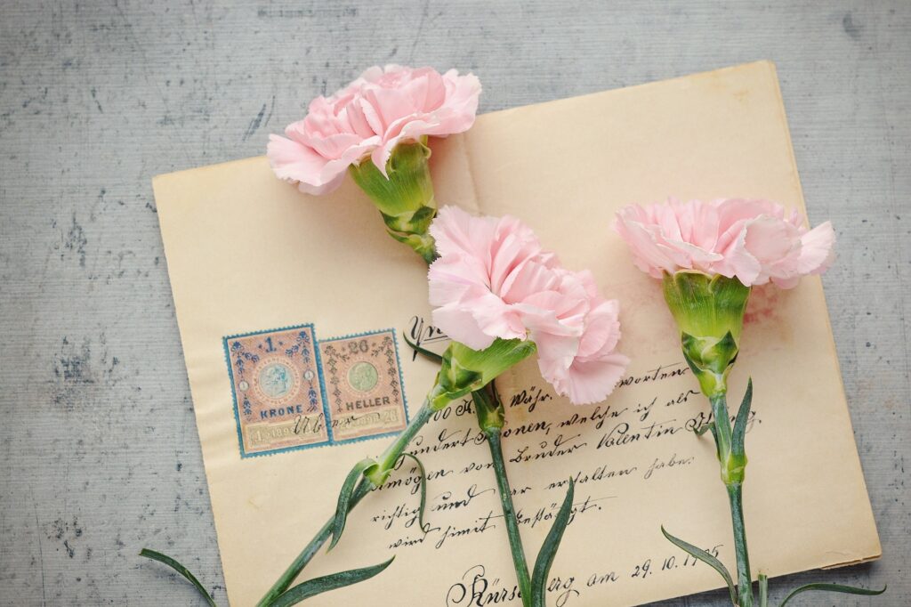 Old fashioned envelope with pink carnation flowers on top